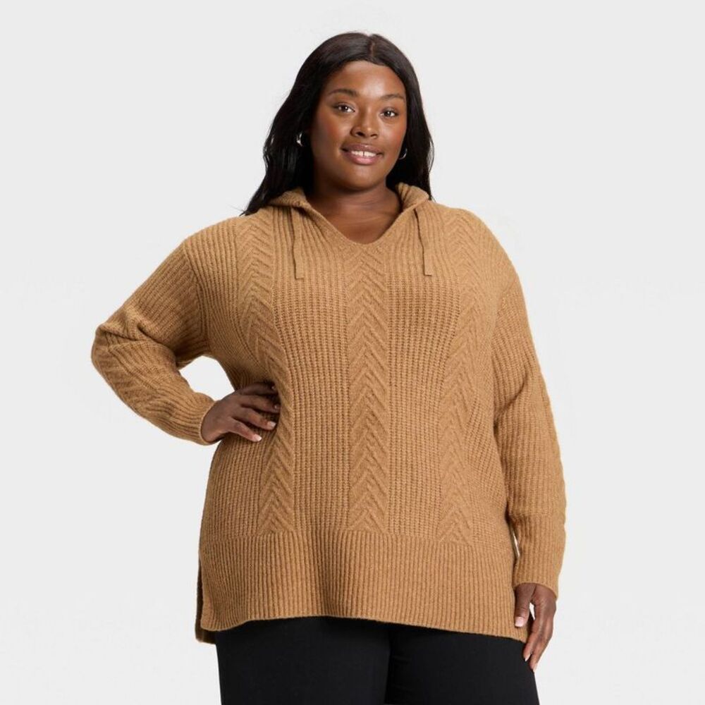 Women's Cozy Cable Hooded Tunic Sweater - Ava & Viv Brown 3X